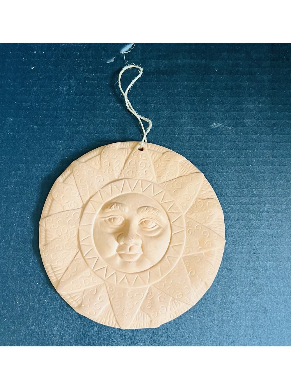 Celestial Sun Face Terra Cotta Clay Wall Hanging Sunburst Decor Whimsical Boho